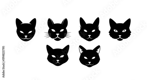 Collection of black cat faces illustration on white background from various viewpoints