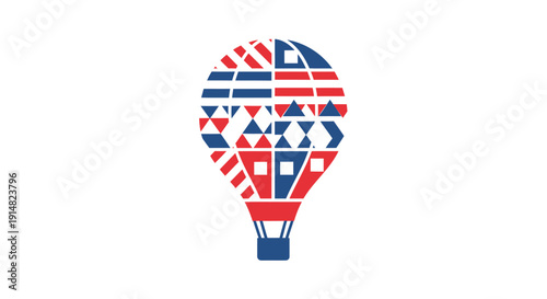 Vibrant red, white and blue hot air balloon icon made of geometric shapes isolated on transparent background
