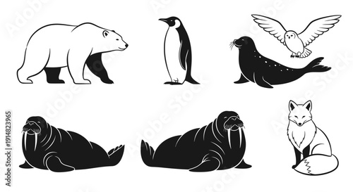 Arctic animals including polar bear, penguin, and seal, illustrated in black and white, showcasing wildlife in a simple graphic style