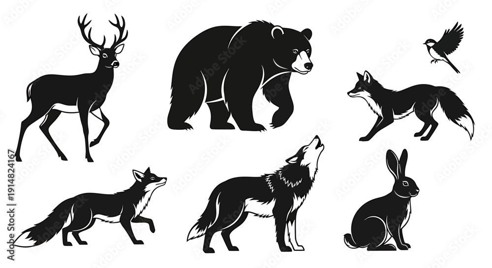Fototapeta premium Collection of forest animals including deer, bear, fox, wolf, and rabbit in various poses
