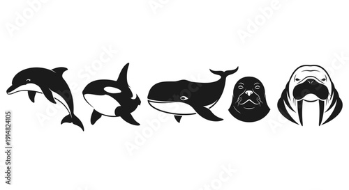 Black silhouettes of marine animals and a gorilla, viewed from the side, showcasing diverse wildlife in a simple graphic illustration style