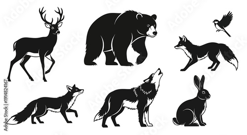 Collection of forest animals including deer, bear, fox, wolf, and rabbit in various poses