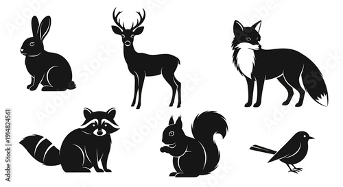 Collection of forest animals including rabbit, deer, fox, raccoon, squirrel, and bird in simple illustrations