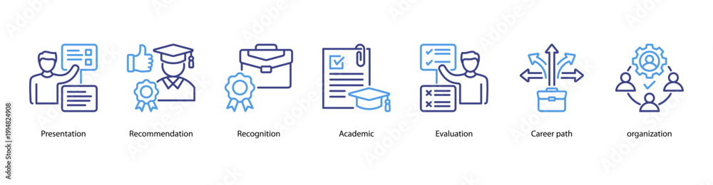 Fototapeta premium Academic Achievement web banner illustration featuring Presentation, Recommendation, Recognition, Academic, Evaluation, Career path, and Organization.