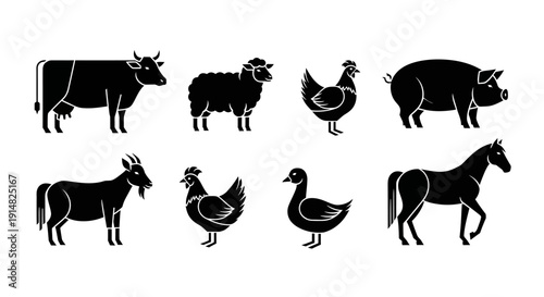 Farm animals silhouettes, including cow, sheep, and horse, standing together on a plain background viewed from the side