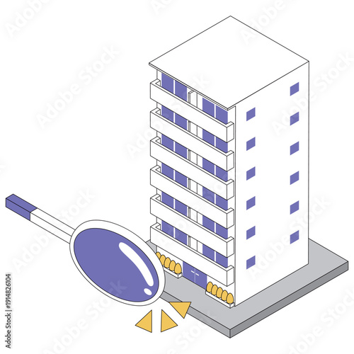 マンションの建物と虫眼鏡のアイソメトリックイラスト 不動産調査のイメージ