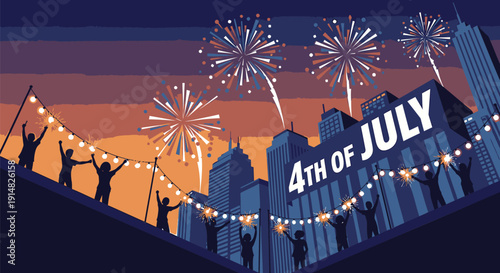 Vector illustration of a 4th of July celebration with fireworks and city skyline at sunset