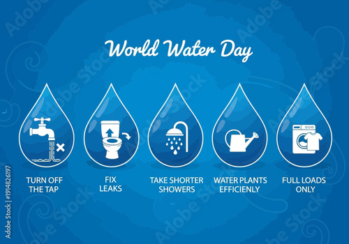 World water day tips illustrated in blue water droplets