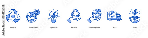 Environmental Responsibility web banner illustration featuring Recycle, Planet Earth, Lightbulb, Recycle, Save the planet, Truck, and Plant.