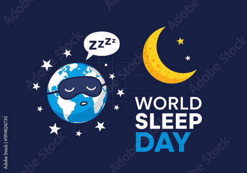 World sleep day illustration with earth wearing a sleep mask and moon