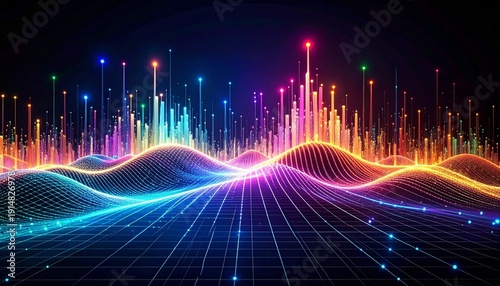 Digital abstract visualization of multicolored vertical light beams extending upward from wavy grid-like surface of horizontal lines, illuminated tips suggesting dynamic data points, dark background e