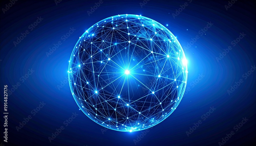 Obraz premium Digital representation of glowing blue sphere covered in interconnected lines and nodes, resembling global network or neural web, gradient dark-to-light blue background, symbolizing global connectivit