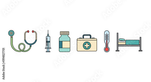 Medical Healthcare Icons: Stethoscope, Syringe, Pills, First Aid, Thermometer, B