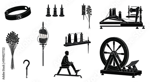 Spinning Wheel and Yarn Craft Icons Vector