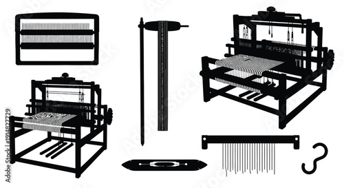Textile Loom and Weaving Machine Icons Vector