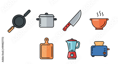 Colorful Kitchen Utensils and Appliances Flat Vector Icons Set