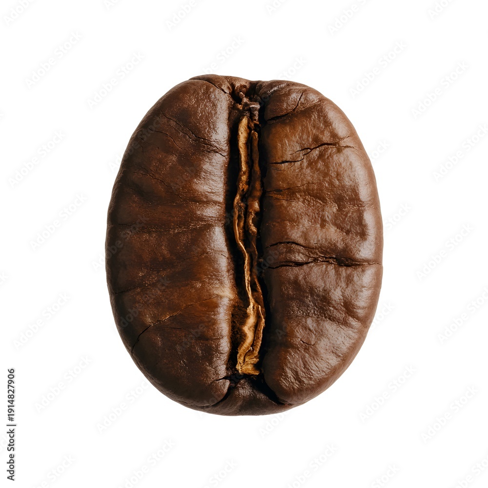 Naklejka premium Single Roasted Coffee Bean, Isolated and Aromatic, Rich Dark Brown on White, Macro for Coffee Branding.