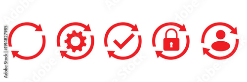 Sync process and workflow icon set. Productivity, setting, synchronization, gear wheel with arrow symbol on white background - stock vector.