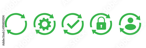 Sync process and workflow icon set. Productivity, setting, synchronization, gear wheel with arrow symbol on white background - stock vector.