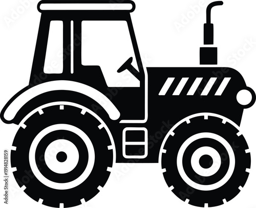 Black and white line of a tractor with large wheels and a detailed cab line wheels