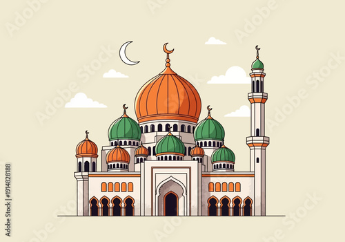 Illustration of a mosque with orange and green domes and a crescent moon
