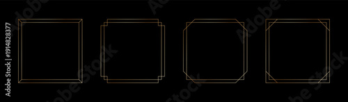 Thin golden frame set in art deco style. Luxury modern line square gold borders. Brass glowing shiny boarder element pack for photocard. Vector illustration isolated on black background.