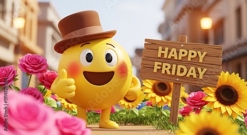 A cheerful cartoon character celebrates friday in a vibrant flower garden