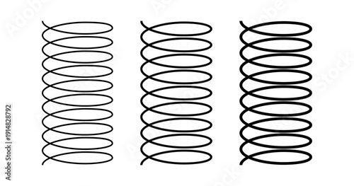 Spiral spring set. Metal wire coil spring icon collection. Thin zigzag waves symbol. Flexible coil shapes. Loop seamless line pattern. Vector illustration isolated on white background. 
