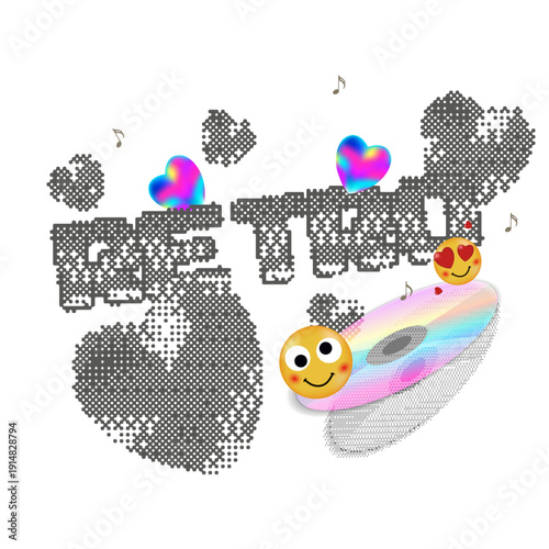 A vibrant pop illustration with holographic hearts, emojis, a CD, and a half-tone raster. Suitable for playlist covers, banners, merchandise, posts, and web headers.