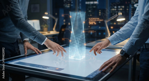 Architects using interactive table and holographic model for AI building analysis and structural integrity assessment