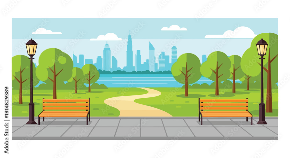 Naklejka premium A peaceful park scene with a cityscape visible across the water