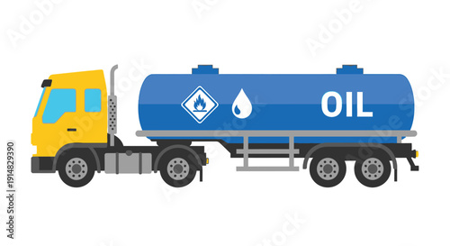 A colorful illustration of a yellow oil tanker truck with blue tank