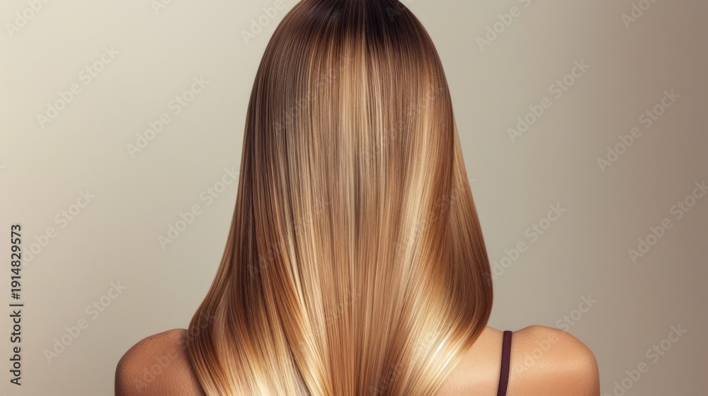 Naklejka premium Back view of a woman with long, straight, healthy, shiny blonde balayage hair
