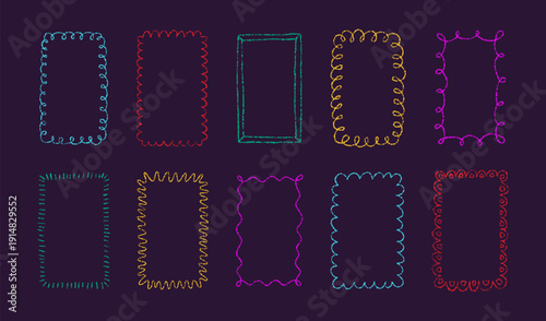 Crayon doodle scalloped frames. Chalk wavy hand drawn borders. Neon cute rectangle photo frames with crayon texture. Wavy sketch line mirror borders. Vector illustration isolated on dark background.
