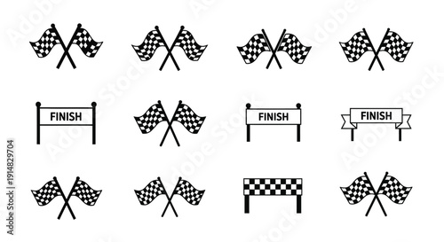 Collection of racing flags and finish line banners in black and white