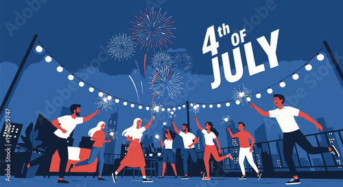 Vector illustration of people celebrating 4th of July with fireworks and string lights at night