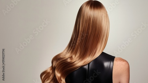 Back view of person with long, lustrous, wavy blonde hair covering head, dark top