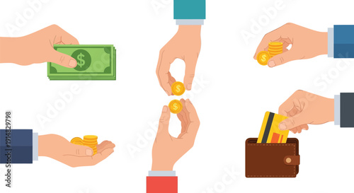 Hands exchanging money coins and a credit card representing financial transactions