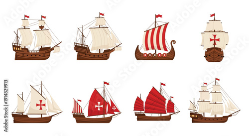 Collection of historical sailing ships with red flags illustrated in a cartoon style