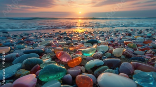 Detailed view of colorful, wet pebbles on a beach as waves roll and sun sets