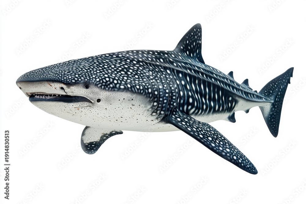 Fototapeta premium A whale shark isolate on white background, showcasing its massive body and distinct patterns.