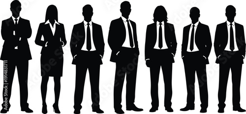 Corporate business team silhouettes, professional men and women standing in suits isolated black vector illustration on white background