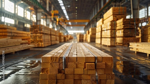 Neatly stacked lumber beams on wet floor in sprawling industrial timber warehouse