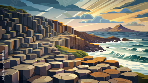 Very beautiful hexagonal basalt columns of Giant’s Causeway stretch into the Atlantic Ocean, forming a geometric coastal masterpiece shaped by ancient volcanic activity.