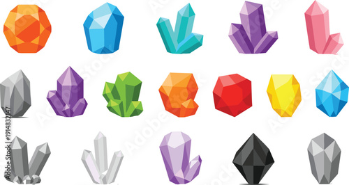 Low Poly Crystal and Gemstone Collection with Colorful Mineral Shapes Vector Illustration Set for Game Assets, Fantasy and Jewelry Design