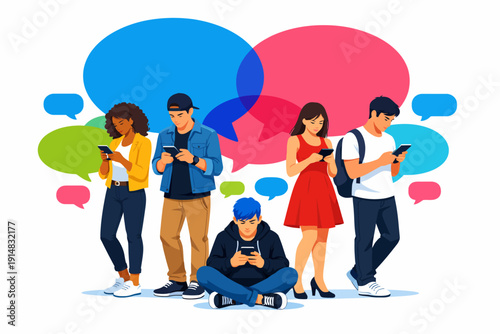 Diverse Group Texting on Smartphones. Social Media, Instant Messaging, and Digital Communication Concept with Colorful Chat Bubbles Vector.