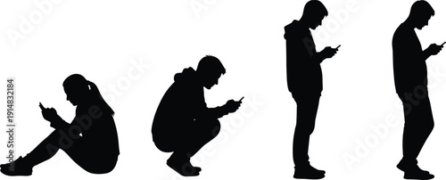 Teenagers using smartphone silhouettes set, young people texting and browsing mobile phones isolated black vector illustration