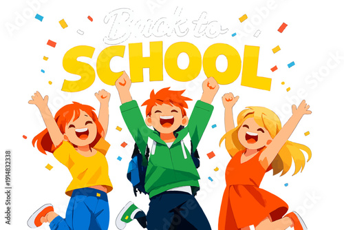 Back to School Celebration: Excited Students Jumping with Joy and Confetti. Vector Illustration.