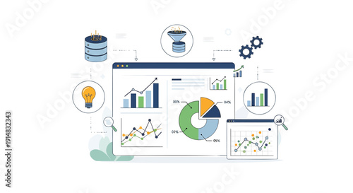 Business data analysis vector icon set. Includes charts, graphs, statistics, database, and infographic elements. Created in modern style with colorful palette.