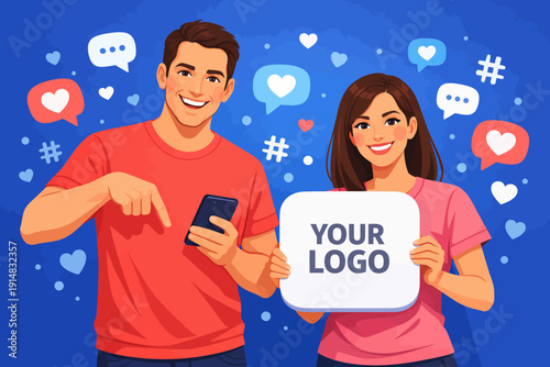 Man Pointing to Phone, Woman Holding Logo Sign, Surrounded by Social Media Icons. Digital Marketing and Branding Illustration.
